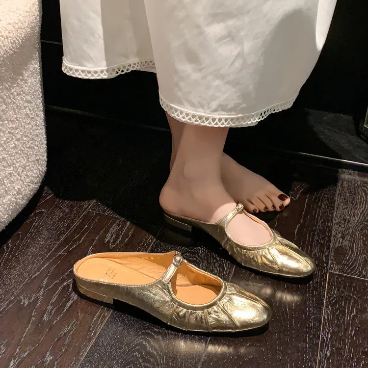 Summer slippers, round toe, chunky heel, low heel, closed toe, cowhide fashion women's shoes, 4-29g