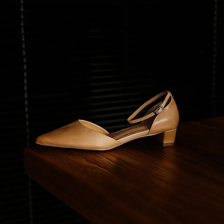 Summer sandals, pointed toe, closed toe, hollow buckle, chunky heel, women's high heels, 5-6m