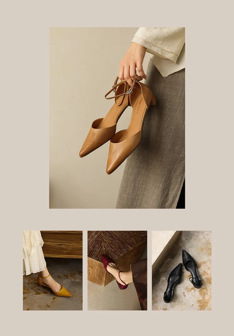 Summer sandals, pointed toe, closed toe, hollow buckle, chunky heel, women's high heels, 5-6m