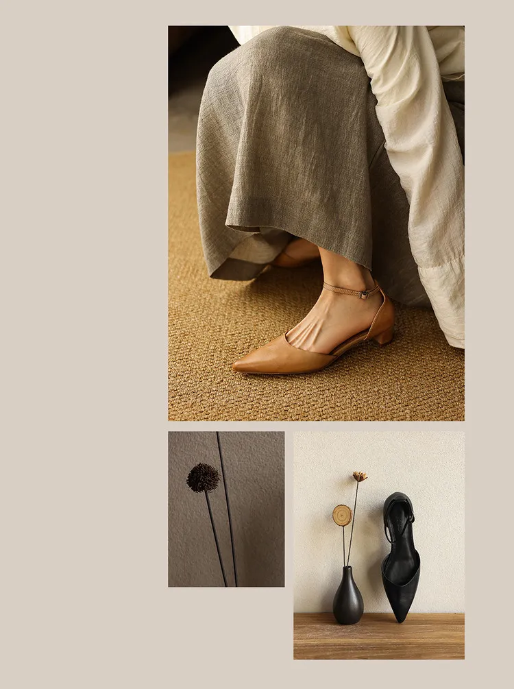 Summer sandals, pointed toe, closed toe, hollow buckle, chunky heel, women's high heels, 5-6m