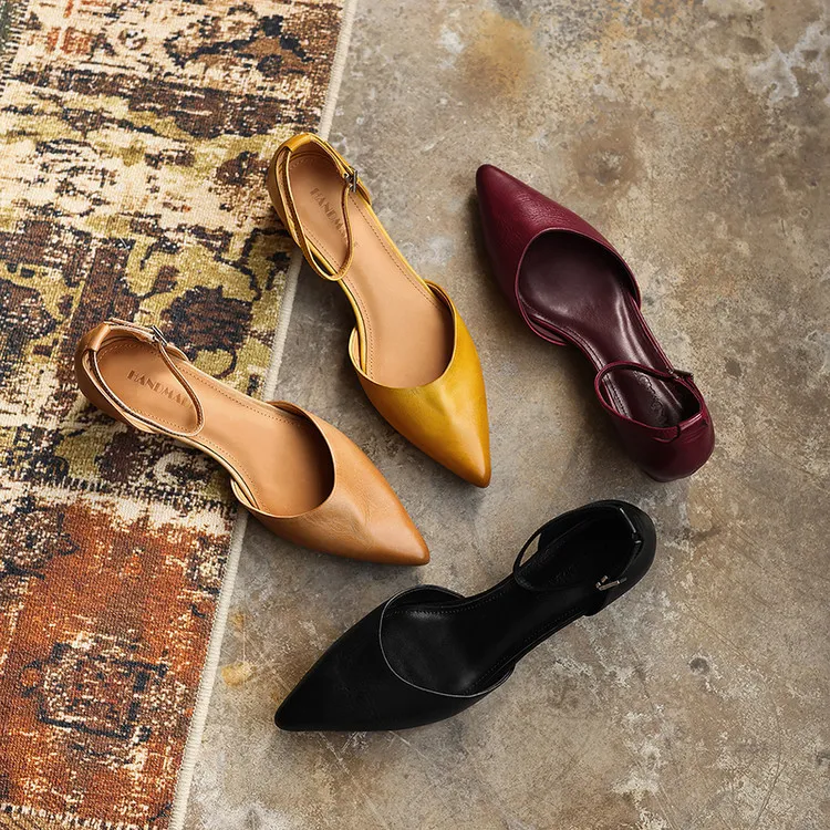 Summer sandals, pointed toe, closed toe, hollow buckle, chunky heel, women's high heels, 5-6m