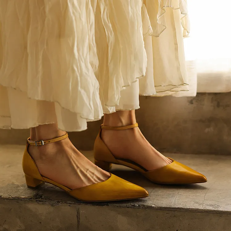 Summer sandals, pointed toe, closed toe, hollow buckle, chunky heel, women's high heels, 5-6m