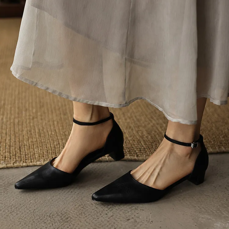 Summer sandals, pointed toe, closed toe, hollow buckle, chunky heel, women's high heels, 5-6m
