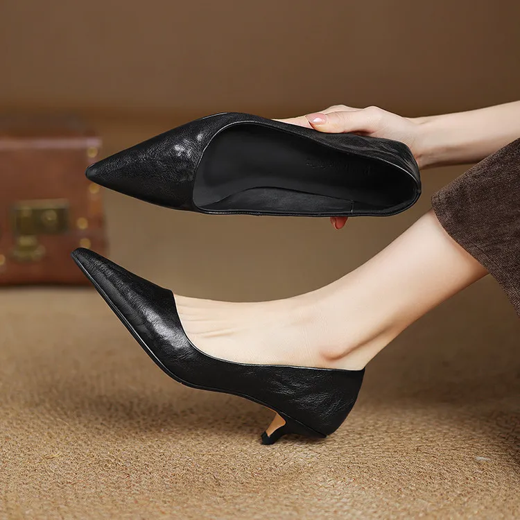 Spring and autumn slip-on stiletto heels, slimming, all-grain sheepskin, pointed toe, kitten heel, elegant single shoes.