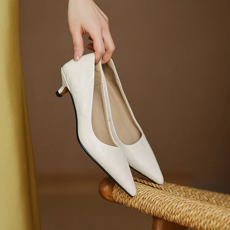 Spring and autumn slip-on stiletto heels, slimming, all-grain sheepskin, pointed toe, kitten heel, elegant single shoes.