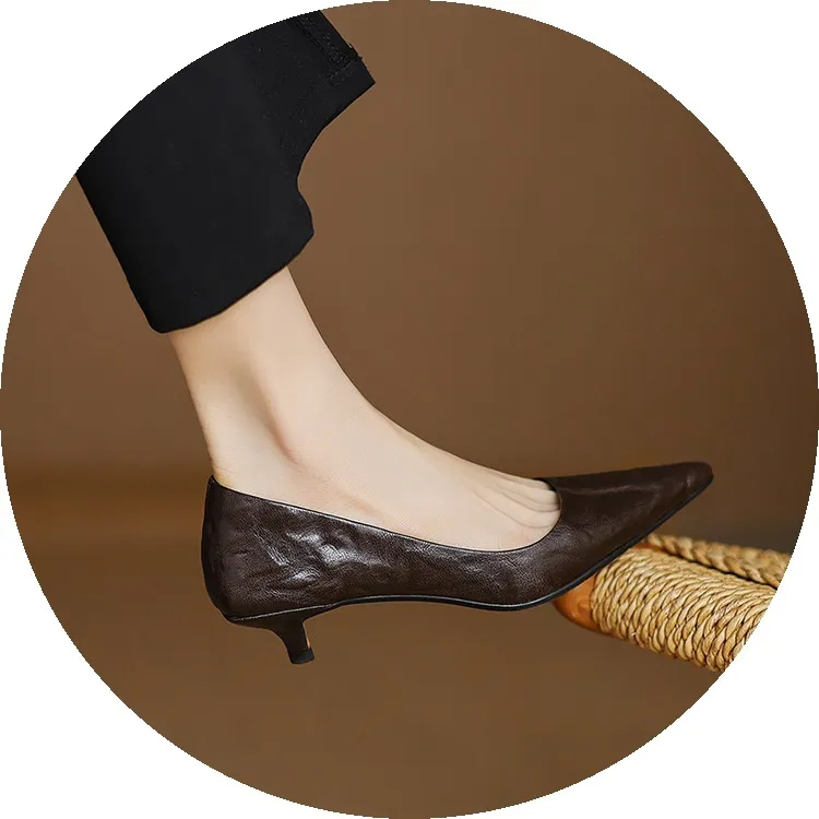 Spring and autumn slip-on stiletto heels, slimming, all-grain sheepskin, pointed toe, kitten heel, elegant single shoes.
