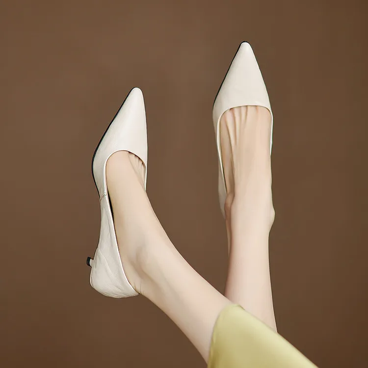 Spring and autumn slip-on stiletto heels, slimming, all-grain sheepskin, pointed toe, kitten heel, elegant single shoes.