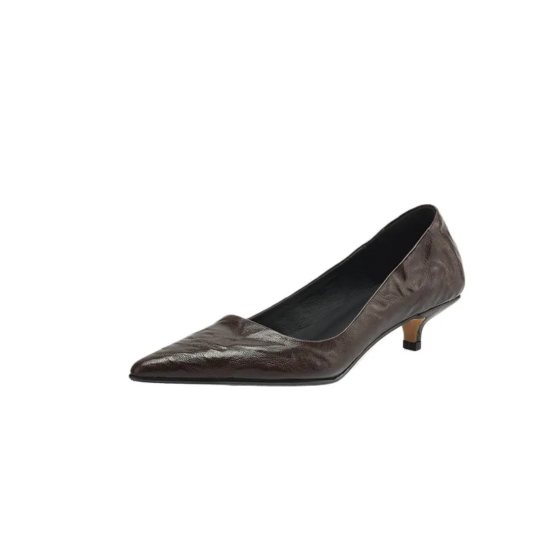Spring and autumn slip-on stiletto heels, slimming, all-grain sheepskin, pointed toe, kitten heel, elegant single shoes.