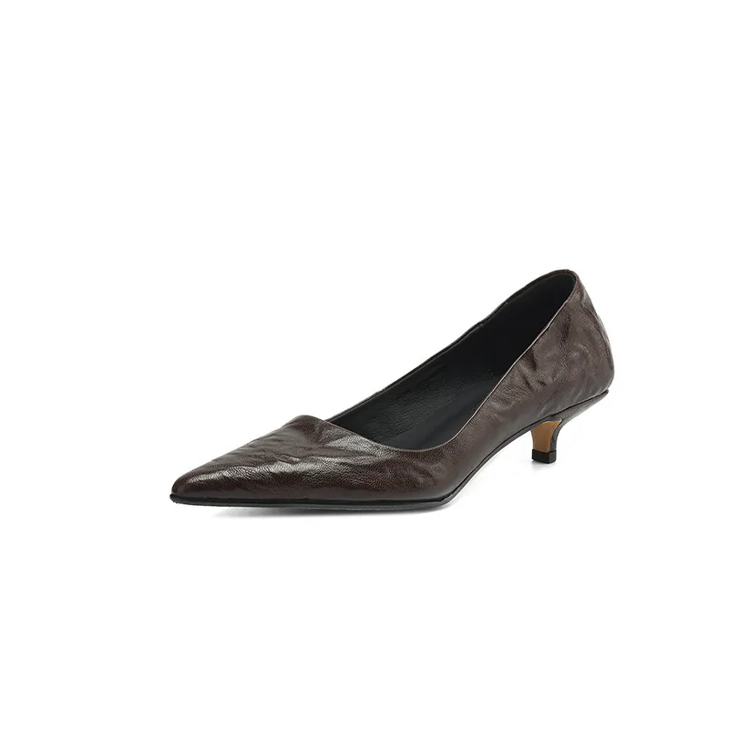 Spring and autumn slip-on stiletto heels, slimming, all-grain sheepskin, pointed toe, kitten heel, elegant single shoes.