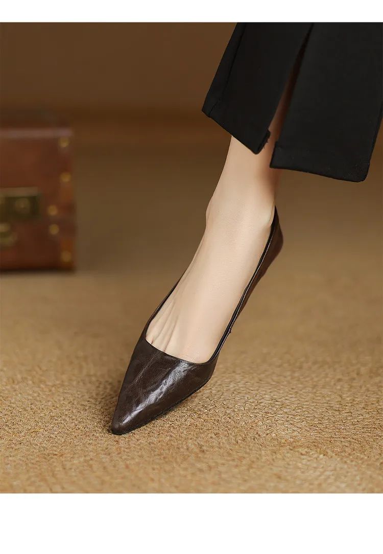 Spring and autumn slip-on stiletto heels, slimming, all-grain sheepskin, pointed toe, kitten heel, elegant single shoes.