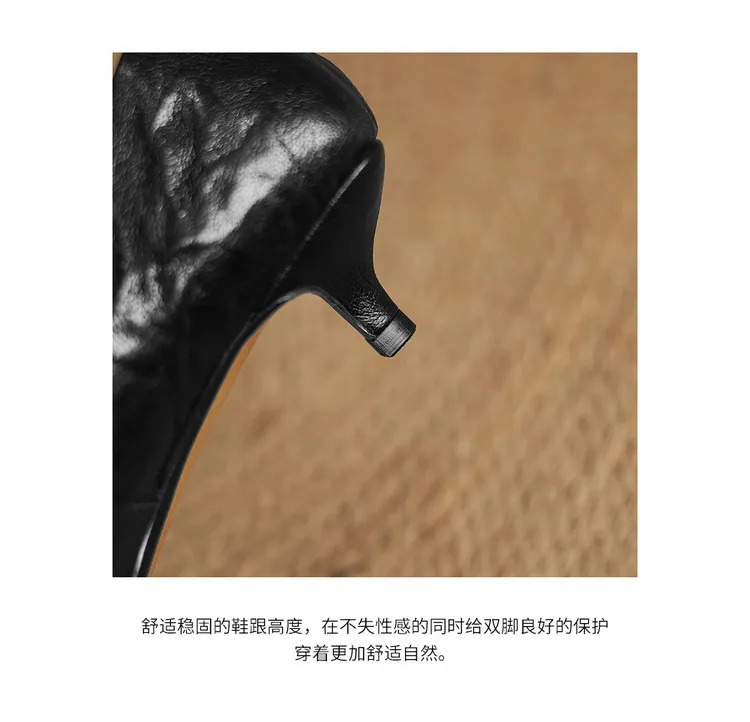 Spring and autumn slip-on stiletto heels, slimming, all-grain sheepskin, pointed toe, kitten heel, elegant single shoes.