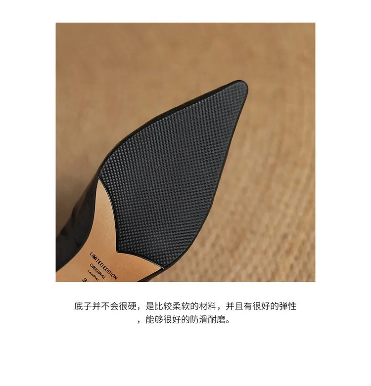 Spring and autumn slip-on stiletto heels, slimming, all-grain sheepskin, pointed toe, kitten heel, elegant single shoes.