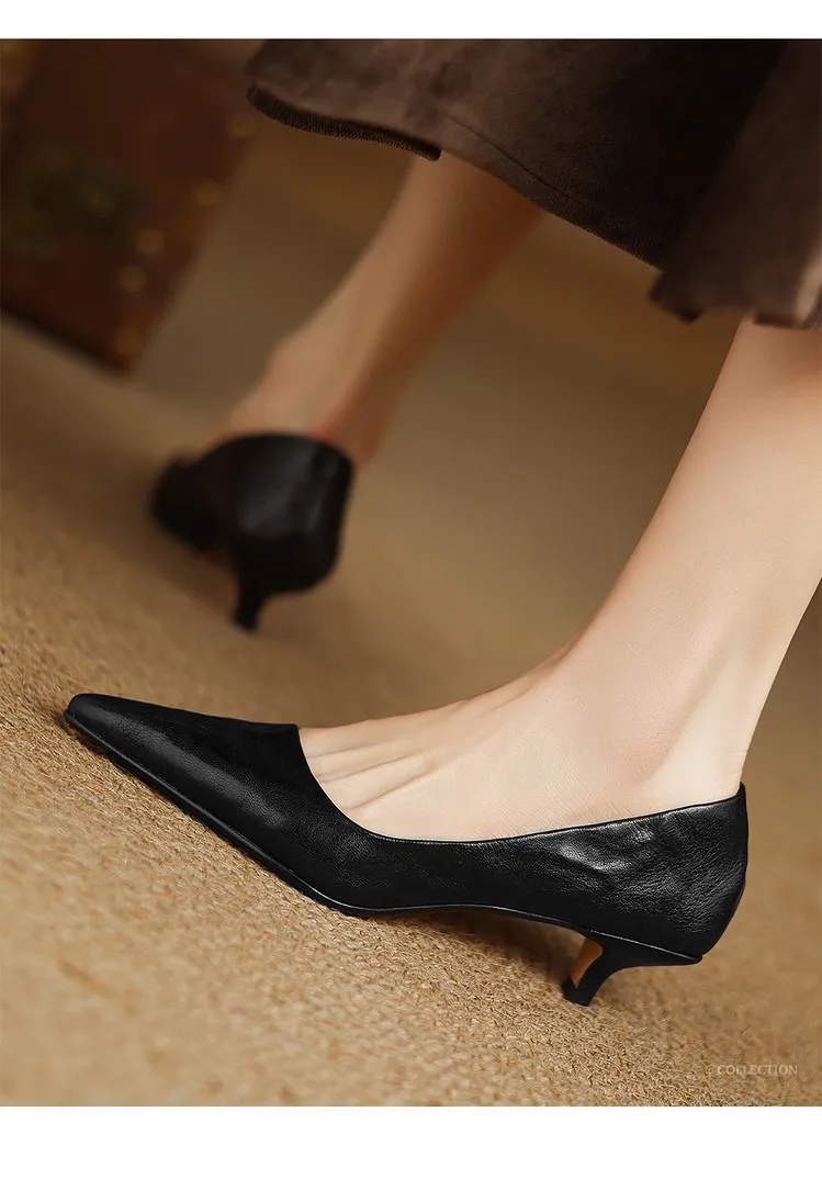 Spring and autumn slip-on stiletto heels, slimming, all-grain sheepskin, pointed toe, kitten heel, elegant single shoes.