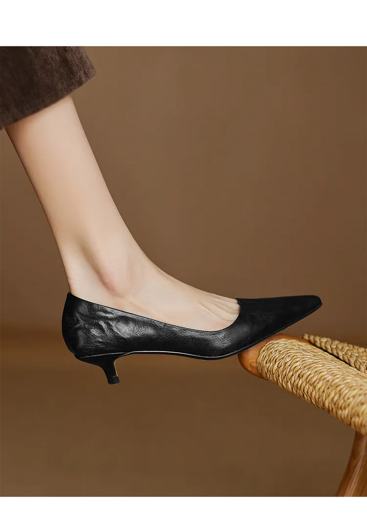 Spring and autumn slip-on stiletto heels, slimming, all-grain sheepskin, pointed toe, kitten heel, elegant single shoes.