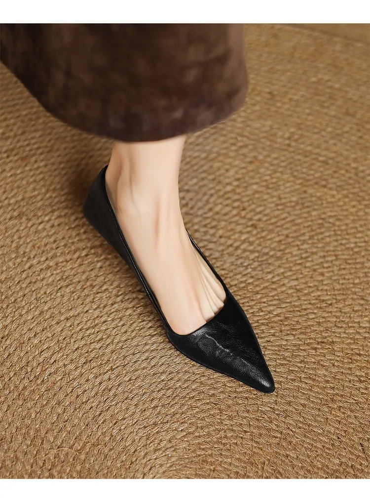 Spring and autumn slip-on stiletto heels, slimming, all-grain sheepskin, pointed toe, kitten heel, elegant single shoes.