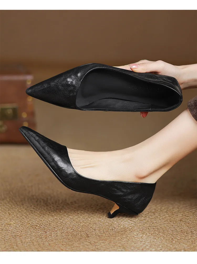 Spring and autumn slip-on stiletto heels, slimming, all-grain sheepskin, pointed toe, kitten heel, elegant single shoes.