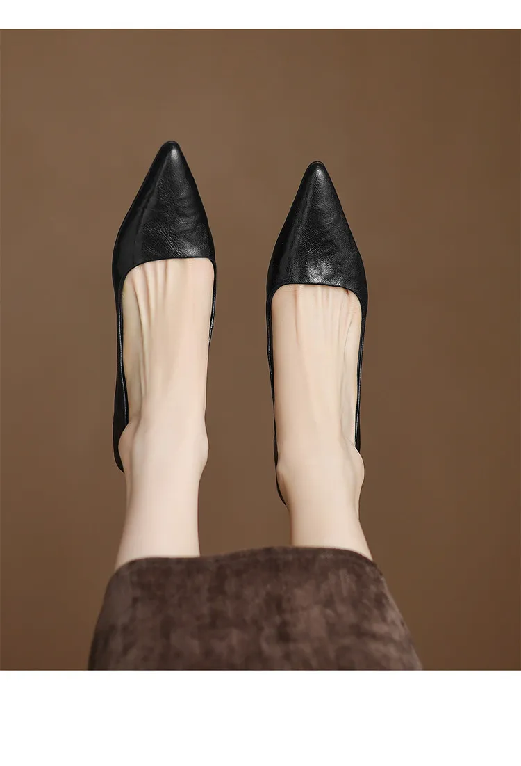 Spring and autumn slip-on stiletto heels, slimming, all-grain sheepskin, pointed toe, kitten heel, elegant single shoes.