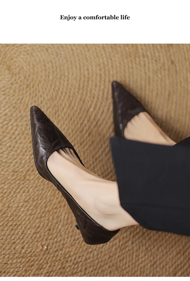 Spring and autumn slip-on stiletto heels, slimming, all-grain sheepskin, pointed toe, kitten heel, elegant single shoes.