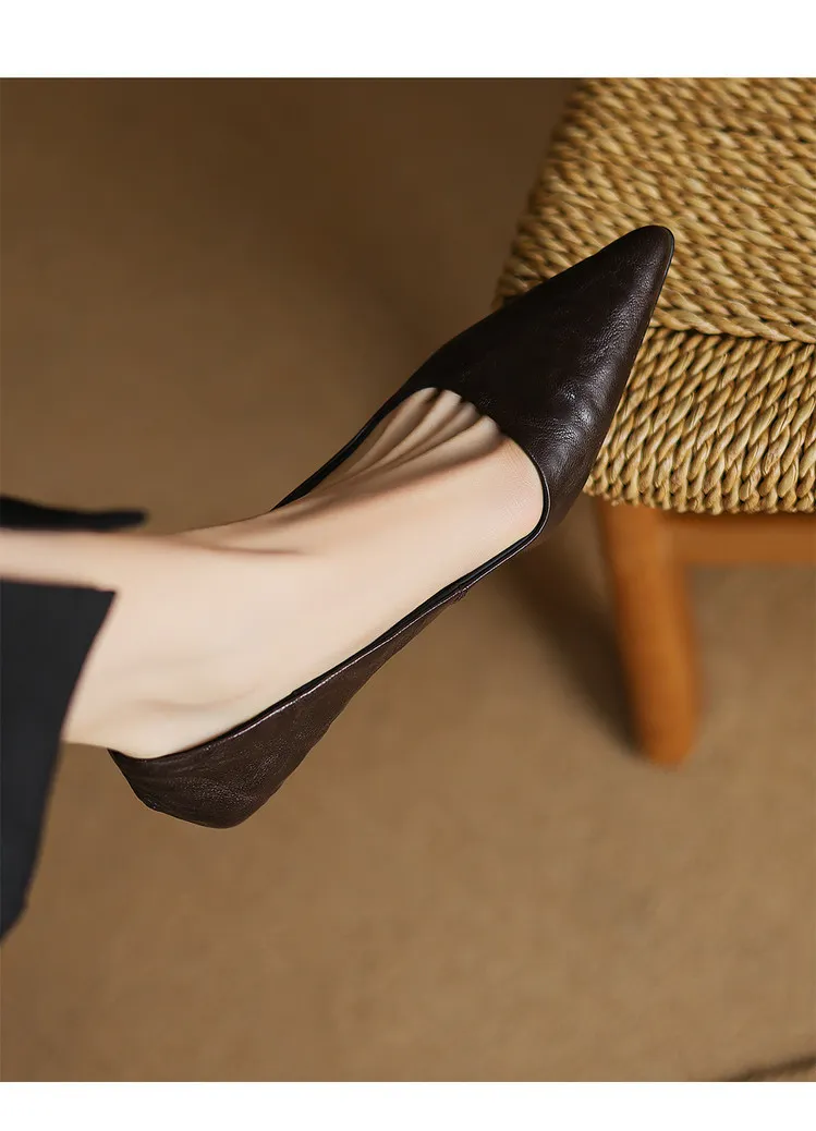 Spring and autumn slip-on stiletto heels, slimming, all-grain sheepskin, pointed toe, kitten heel, elegant single shoes.