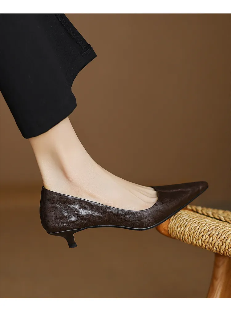Spring and autumn slip-on stiletto heels, slimming, all-grain sheepskin, pointed toe, kitten heel, elegant single shoes.
