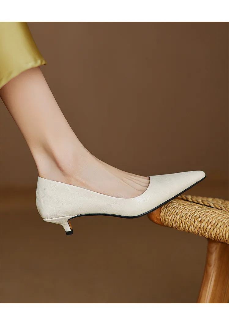 Spring and autumn slip-on stiletto heels, slimming, all-grain sheepskin, pointed toe, kitten heel, elegant single shoes.