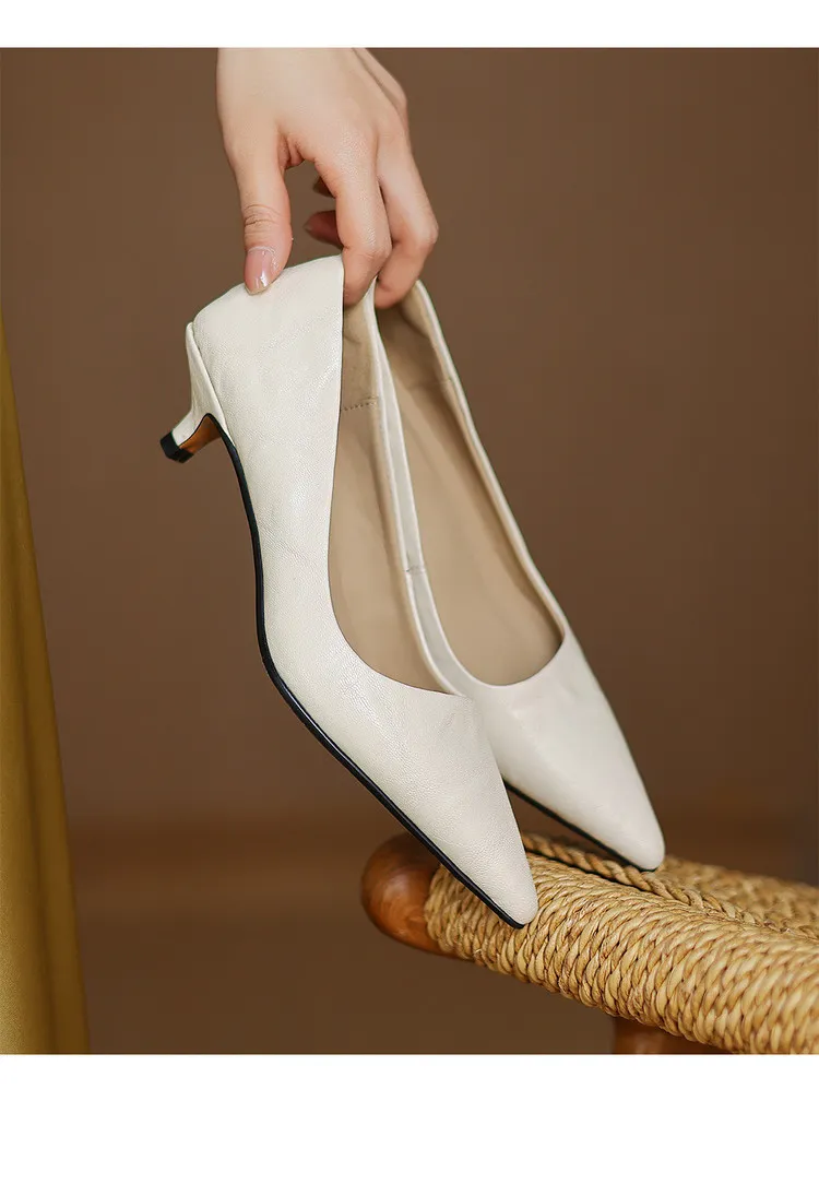 Spring and autumn slip-on stiletto heels, slimming, all-grain sheepskin, pointed toe, kitten heel, elegant single shoes.