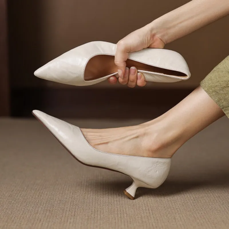 Soft sheepskin elegant women's shoes, simple retro pointed toe low-cut single shoes, women's stiletto heel slip-on.