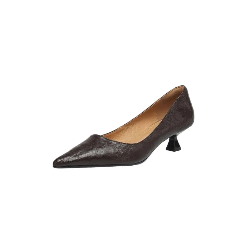 Soft sheepskin elegant women's shoes, simple retro pointed toe low-cut single shoes, women's stiletto heel slip-on.