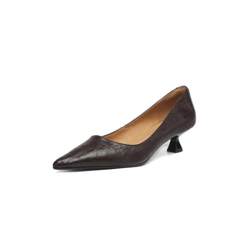 Soft sheepskin elegant women's shoes, simple retro pointed toe low-cut single shoes, women's stiletto heel slip-on.