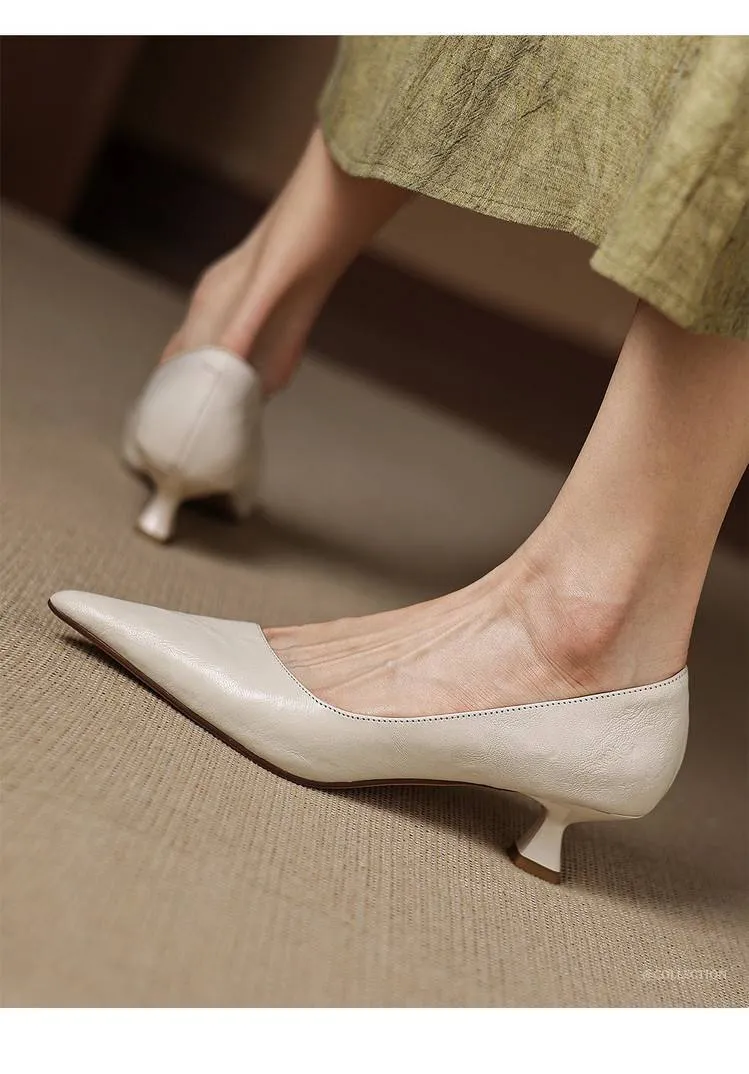 Soft sheepskin elegant women's shoes, simple retro pointed toe low-cut single shoes, women's stiletto heel slip-on.