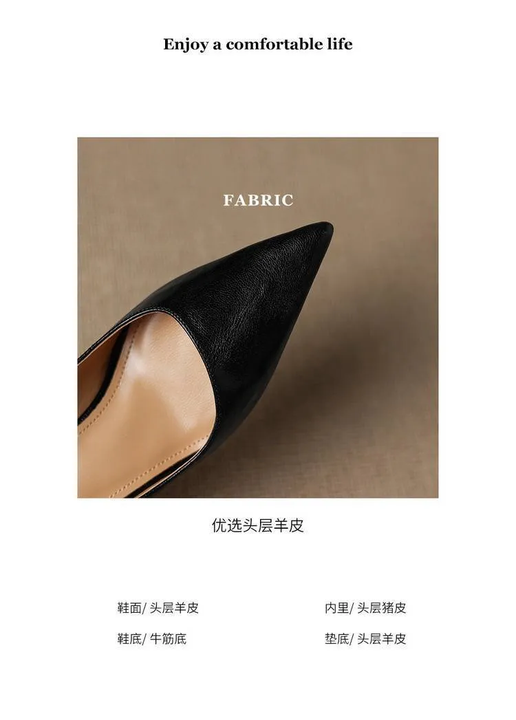 Soft sheepskin elegant women's shoes, simple retro pointed toe low-cut single shoes, women's stiletto heel slip-on.