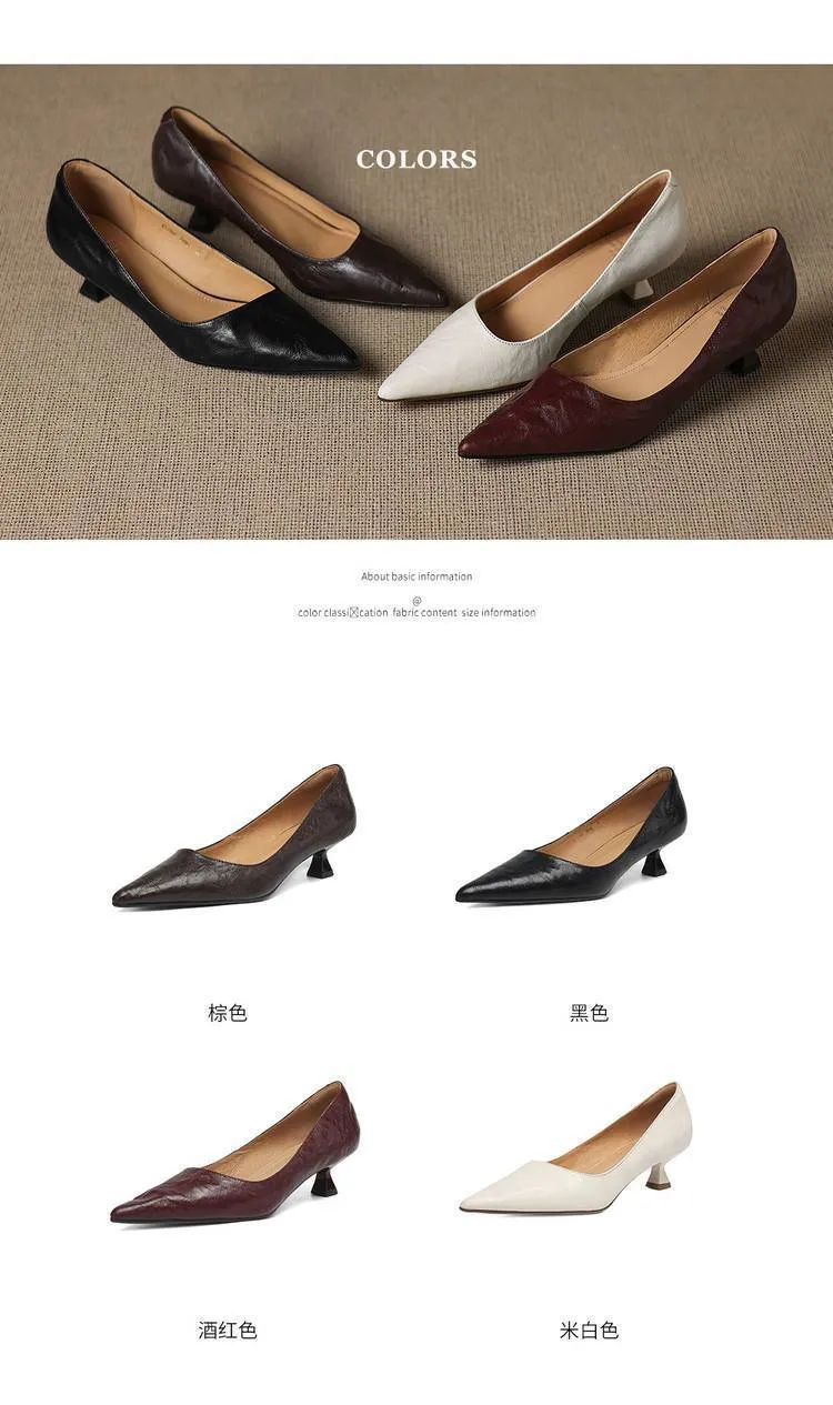 Soft sheepskin elegant women's shoes, simple retro pointed toe low-cut single shoes, women's stiletto heel slip-on.