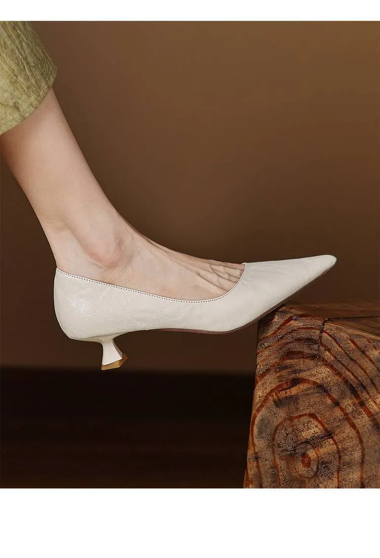 Soft sheepskin elegant women's shoes, simple retro pointed toe low-cut single shoes, women's stiletto heel slip-on.