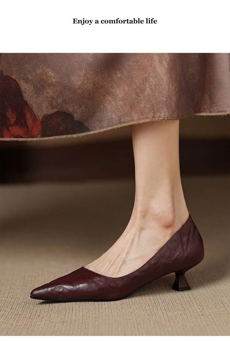 Soft sheepskin elegant women's shoes, simple retro pointed toe low-cut single shoes, women's stiletto heel slip-on.