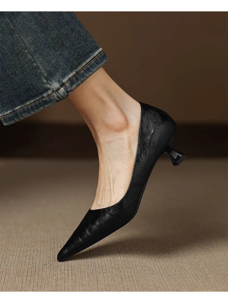 Soft sheepskin elegant women's shoes, simple retro pointed toe low-cut single shoes, women's stiletto heel slip-on.