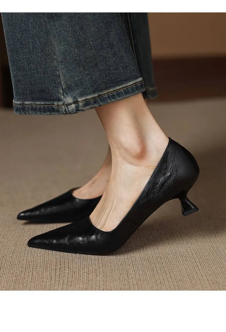 Soft sheepskin elegant women's shoes, simple retro pointed toe low-cut single shoes, women's stiletto heel slip-on.