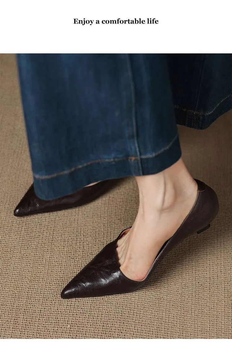 Soft sheepskin elegant women's shoes, simple retro pointed toe low-cut single shoes, women's stiletto heel slip-on.