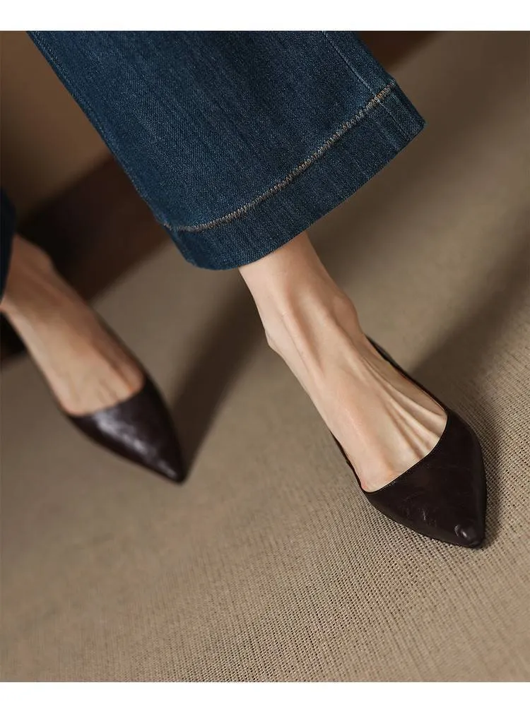 Soft sheepskin elegant women's shoes, simple retro pointed toe low-cut single shoes, women's stiletto heel slip-on.
