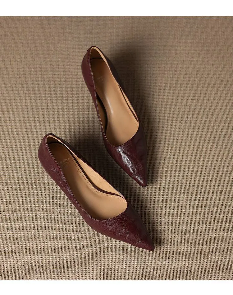 Soft sheepskin elegant women's shoes, simple retro pointed toe low-cut single shoes, women's stiletto heel slip-on.
