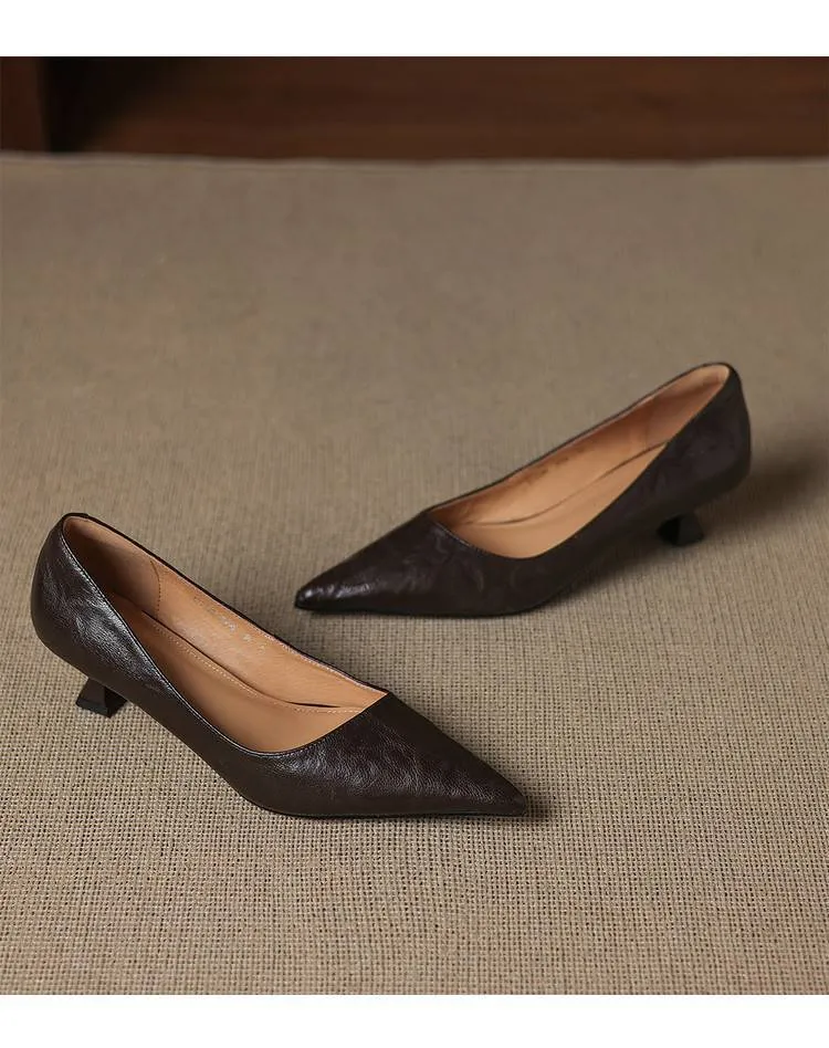 Soft sheepskin elegant women's shoes, simple retro pointed toe low-cut single shoes, women's stiletto heel slip-on.