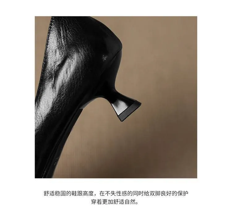 Soft sheepskin elegant women's shoes, simple retro pointed toe low-cut single shoes, women's stiletto heel slip-on.