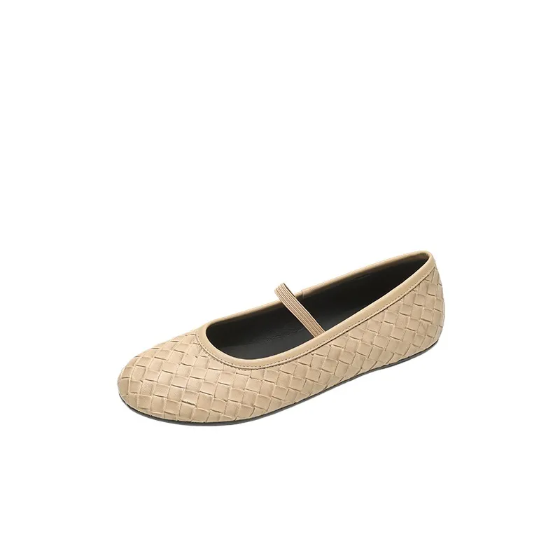 Spring and Autumn Genuine Leather Single Shoes, Round Toe, Flat, 1cm Retro Woven Texture, Women's Shoes, One Piece