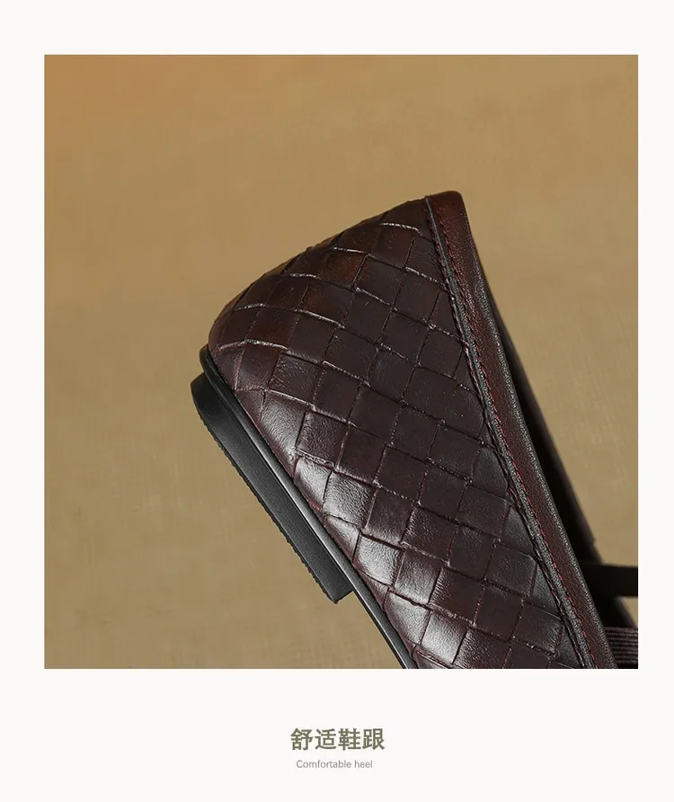 Spring and Autumn Genuine Leather Single Shoes, Round Toe, Flat, 1cm Retro Woven Texture, Women's Shoes, One Piece