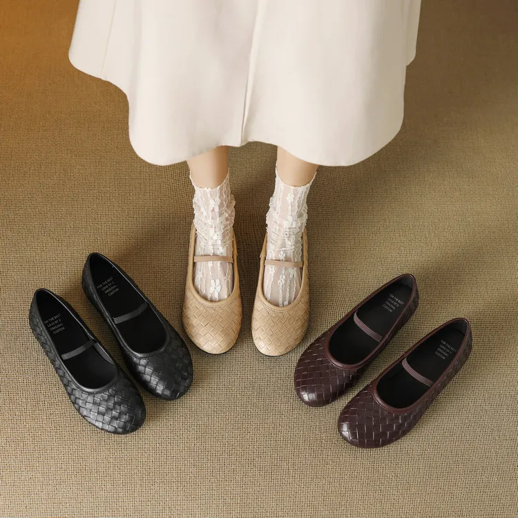Spring and Autumn Genuine Leather Single Shoes, Round Toe, Flat, 1cm Retro Woven Texture, Women's Shoes, One Piece