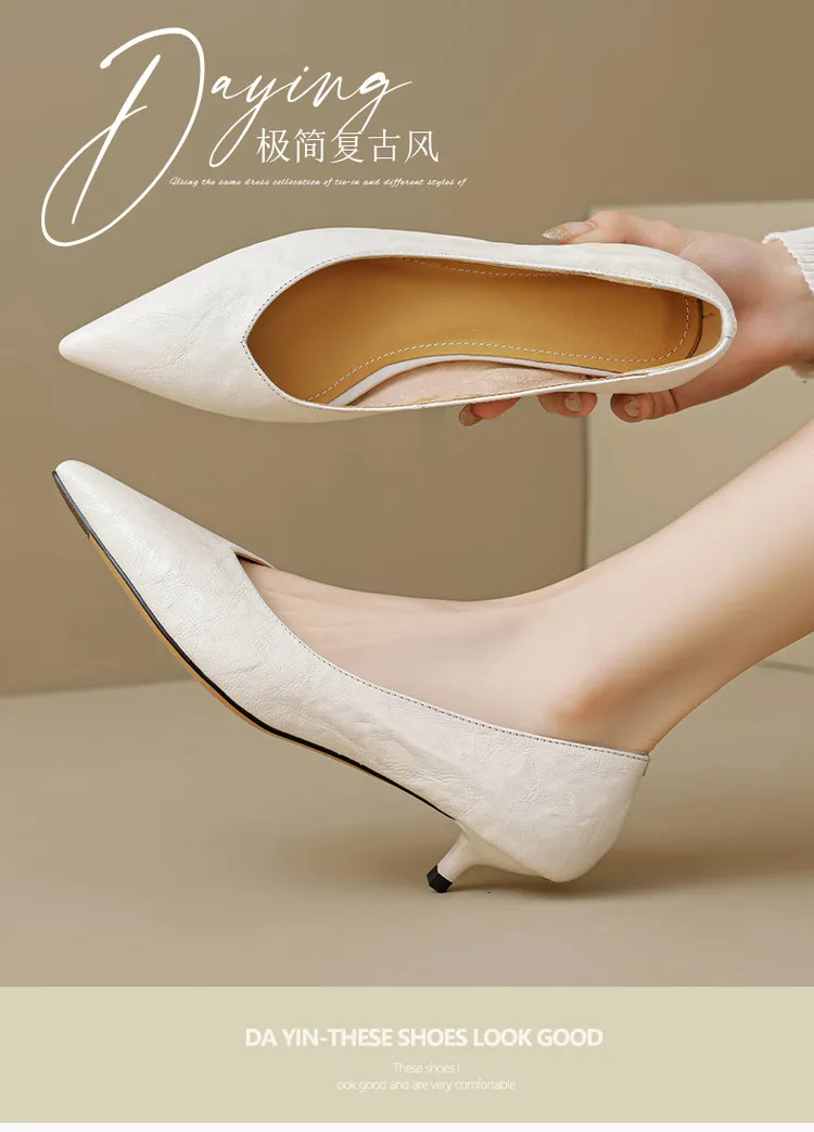 Women's slip-on shoes, made entirely of leather inside and out, stylish and comfortable, made of top-grain sheepskin, pointed toe, kitten heel, elegant single shoes for spring and autumn.
