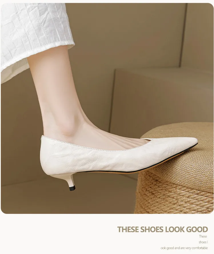 Women's slip-on shoes, made entirely of leather inside and out, stylish and comfortable, made of top-grain sheepskin, pointed toe, kitten heel, elegant single shoes for spring and autumn.