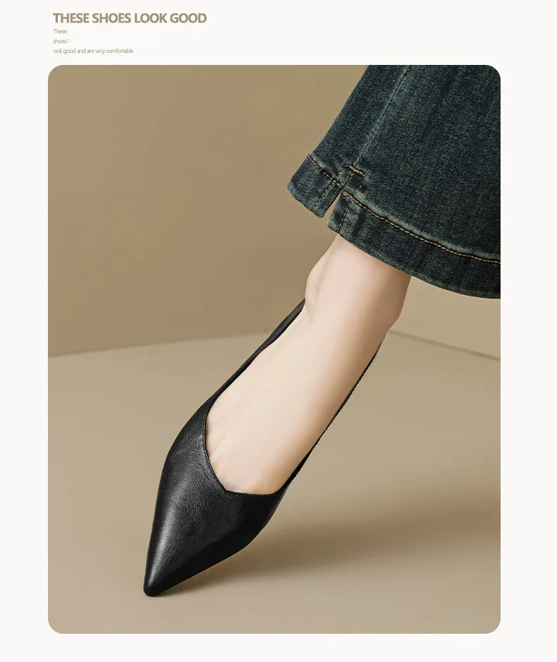 Women's slip-on shoes, made entirely of leather inside and out, stylish and comfortable, made of top-grain sheepskin, pointed toe, kitten heel, elegant single shoes for spring and autumn.