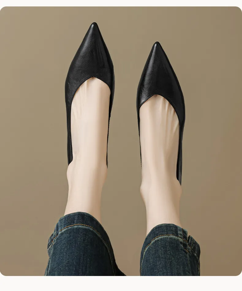 Women's slip-on shoes, made entirely of leather inside and out, stylish and comfortable, made of top-grain sheepskin, pointed toe, kitten heel, elegant single shoes for spring and autumn.