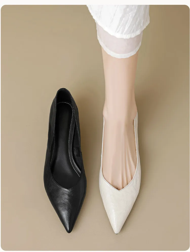 Women's slip-on shoes, made entirely of leather inside and out, stylish and comfortable, made of top-grain sheepskin, pointed toe, kitten heel, elegant single shoes for spring and autumn.