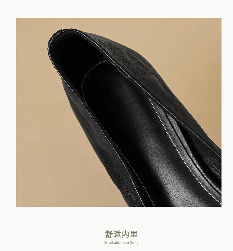 Women's slip-on shoes, made entirely of leather inside and out, stylish and comfortable, made of top-grain sheepskin, pointed toe, kitten heel, elegant single shoes for spring and autumn.
